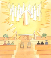 Wanneer een man en een vrouw op het punt staan hun huwelijksgeloften af te leggen in een katholieke kerk, is Christus daar met al zijn heiligen om getuige te zijn van het huwelijk, dat een sacrament van de Kerk is, 2005 (aquarel op papier)