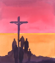 Toen de Levensvorst aan de boom hing en "Vader, vergeef het hun" zei, bleven een paar sympathiserende toeschouwers bij hem, 2005 (aquarel op papier)