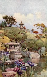 Een tuin in Tokio (kleurenlitho)