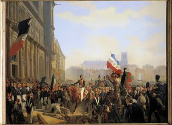 Revolutie van juli 1830: Louis Philippe, hertog van Orléans (die koning van Frankrijk werd Louis Philippe I) (1773-1850), luitenant-generaal van het koninkrijk arriveerde op het stadhuis van Parijs, 31 juli