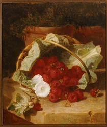 Frambozen in een Met Koolblad Beklede Mand met Witte Winde op een Stenen Richel, 1880