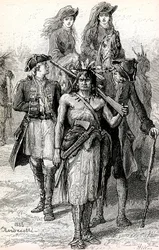 Magua leidt de dochters van kolonel Munro, met majoor Duncan Heyward en David La Gamme