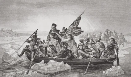 Washington steekt de Delaware over bij Trenton, New Jersey, Kerstmis 1776, uit 