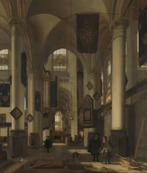 Interieur van een protestantse gotische kerk met motieven uit de Oude en Nieuwe Kerk in Amsterdam