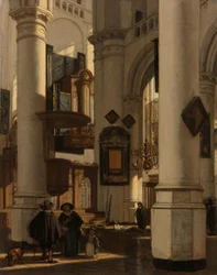 Interieur van een protestantse gotische kerk met een grafdelver in het koor