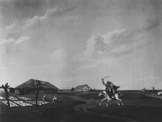Estancia (boerderij) aan de rivier San Pedro, gegraveerd door Maile en Sutherland, 1820 (litho)