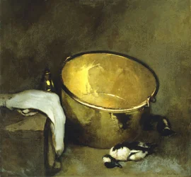 Stilleven met koperen pot