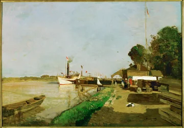 Dampfschiffstation an der Donau bei Kaisermuehlen - Stoombootstation aan de Donau bij Kaisermuehlen ... (schilderij op doek)