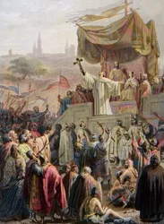 St. Bernardus van Clairvaux predikt de Tweede Kruistocht in Vézelay, 31 maart 1146 - gravure naar Emile Signol - Saint-Bernardus van Clairvaux predikt de Tweede Kruistocht in aanwezigheid van Koning Lodewijk VII en Koningin Alienor