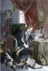 Portret van de Franse schrijver Paul Scarron, auteur van burleske komedies, afgebeeld op een invalidenstoel, zijn vrouw Francoise d