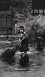Scène uit Les Miserables, door Victor Hugo: Cosette aan het vegen (gravure)