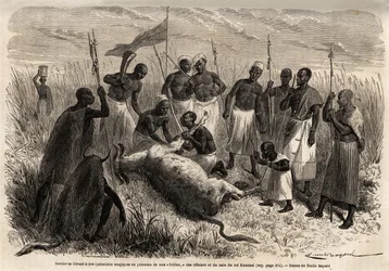 Een tovenaar voert magische handelingen uit op een geslachte os in Oeganda, tekening door Emile Bayard (1837-1891), ter illustratie van de ontdekkingsreis van Kapitein Speke in Afrika van 1860 tot 1863. Gravure in "Le tour du monde", uitgegeven door Edouar