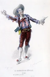 Volledig werk van Beaumarchais (1732-1799) door Edouard Fournier. Tekening door Emile Bayard. Ed. Laplace, Sanchez et Cie, Parijs 1876. Dit is Figaro in "De barbier van Sevilla"