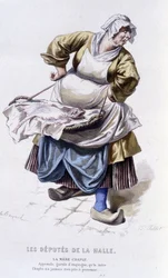 Volledig werk van Beaumarchais (1732-1799) door Edouard Fournier. tekening door Emile Bayard. Ed. Laplace, Sanchez et Cie, Parijs 1876. Dit is Moeder Chaplu in "De Afgevaardigden van de Hal"