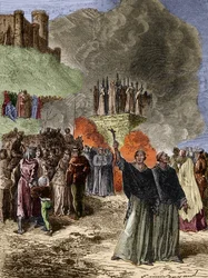 Kruistocht tegen de Albigenzen - De laatste verdedigers van Montsegur (Kathaar) verbrand op de brandstapel in 1244 - Gravure door Emile Bayard naar G. Burgun