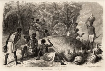 Proeverij van de pombe (alcoholische drank door fermentatie), in de Karague (westen van het Victoriameer, in het huidige Zimbabwe), tekening door Emile Bayard, ter illustratie van de ontdekkingsreis van kapitein Speke in Afrika van 1860 tot 1863. Gravure i