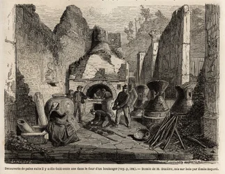 Ontdekt bij een bakkerijoven en bewaard brood in as tijdens de opgravingen van 1864 in Pompei, tekening door Emile Bayard (1837-1891), ter illustratie van de tekst van Marc Monnier (1829-1885) "Pompei en de Pompeianen". Gravure in "Le tour du monde", uitge