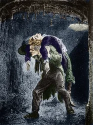 Jean Valjean, Marius gewond op zijn rug, vluchtend in het water van Parijs. Illustratie van de roman 