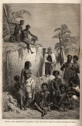 Kamehameha I (ca. 1758-1819), koning van de Hawaiiaanse eilanden en stichter van hun eenheid, omringd door Hawaiiaanse krijgers en enkele onderdanen in Honolulu, gravure naar de tekening van Emile Bayard, ter illustratie van de reis naar de Sandwich-eiland