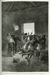 Majoor Serpa Pinto schoot op de dorpschef of werd gestopt omdat hij nog meer brandewijn eiste in ruil voor zijn gastvrijheid. Gravure door Emile Bayard, ter illustratie van het verhaal hoe ik Afrika heb doorkruist, van de Atlantische Oceaan tot de Indische