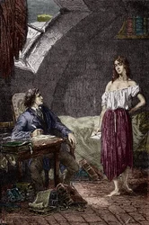 Marius en Eponine, oudste dochter van de Thenardiers en verliefd op Marius (Illustratie van de roman 
