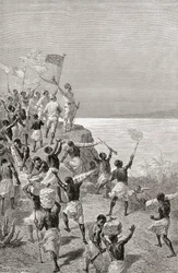 Stanley en zijn expeditie zien voor het eerst Tanganyika, Oost-Afrika, in 1872, illustratie uit 