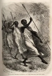 De aankomst van Kabba Rega, koning van de Ounyoro (oostelijk Soedan) en de hoofden van zijn hof, bij het kamp van Sir Baker voor een officieel bezoek, gegraveerd naar een tekening van Emile Bayard, illustratie van een expeditie in Centraal-Afrika