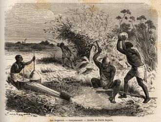 De smeden, in de ounyamouezi (Grote Meren regio, Afrika), tekening door Emile Bayard (1837-1891), ter illustratie van de ontdekkingsreis in Afrika, van 1860 tot 1863 van kapitein Speke. Gravure in "Le tour du monde", uitgegeven door Edouard Charton