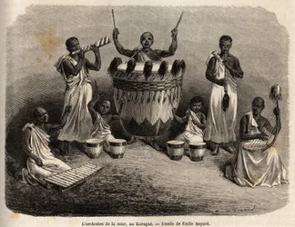 Het hoforkest, in de Karague (ten westen van het Victoriameer, het huidige Zimbabwe), tekening door Emile Bayard (1837-1891), illustratie van Kapitein Speke