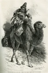 De gids en tolk van de expeditie, Chutun Dzamba, 58 jaar oud, gehurkt op zijn kameel, mompelde voortdurend gebeden, tekening van Emile Bayard ter illustratie van de reis naar Mongolië en het land van de Tangoeten van 1870 tot 1873, door de luitenant