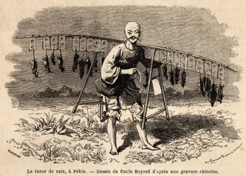 De rattenvanger in Peking. Tekening door Emile Bayard, ter illustratie van de reis van Shanghai naar Moskou, van 1859 tot 1862, door M. de Bourboulon, minister van Frankrijk in China. Gravure in "Le tour du monde", uitgegeven door Edouard Charton