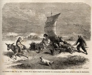 De zeilkruiwagen, vervoerssysteem gebruikt in Noord-China, tekening door E.Bayard, ter illustratie van de reis van Shanghai naar Moskou