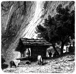 Uitzicht op de Alpen: oude chalet aan de voet van een klif met grazende koeien. Illustratie door Emile Bayard (detail) voor het boek Les Montagnes van Albert Dupaigne, editie Mame 1881.