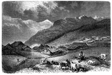 Dorp in de Alpen. Murren, in het Berner Oberland, hoogte 1630 meter. Herder die zijn kudde geiten en schapen hoedt. Illustratie door Emile Bayard voor Albert Dupaigne