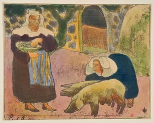 Bretonse vrouwen die varkens voeren