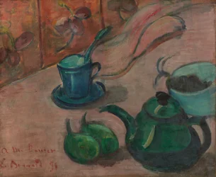 Stilleven met theepot, kopje en fruit