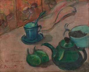 Stilleven met theepot, kopje en fruit, 1890