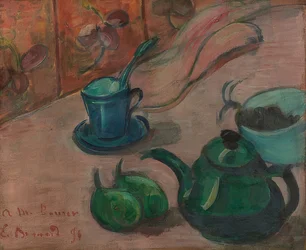 Stilleven met theepot, kopje en fruit