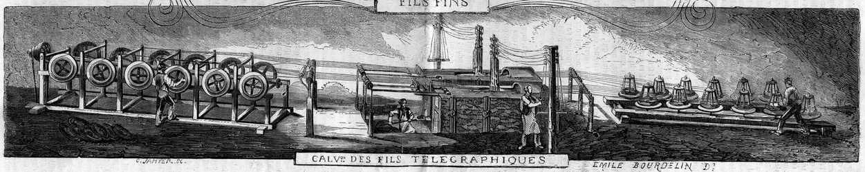 Galvanisatie van ijzer en telegraafdraden in de Grenelle-fabriek door de Franche Comte smederijen. Gravure door Emile Bourdelin in 