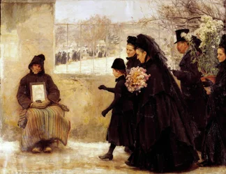 Allerheiligen. Een rouwende familie die naar de begraafplaats gaat, geeft een munt aan een oude man die om aalmoezen vraagt. Schilderij van Émile Friant (1863-1932), 1888, H. 2,54 x 3,34 m, Nancy, Musée des Beaux-Arts