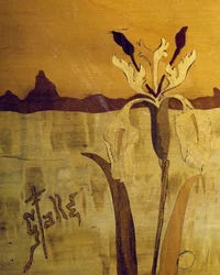 Art Nouveau stijl tafel, door Emile Galle (1846-1904), walnoot met fineerafwerking en diverse houtsoorten, (detail), Frankrijk, 20e eeuw