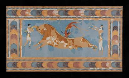 Schilderij van het gerestaureerde Taureador-fresco uit het Paleis van Minos in Knossos (Evans Fresco Tekening N/4)