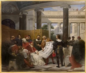 Paus Julius II geeft opdracht voor het werk van het Vaticaan en Sint-Pieter in Bramante, Michael Angel en Raphael