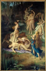 De dood van Orpheus. De Bacchanten verscheuren Orpheus in stukken.