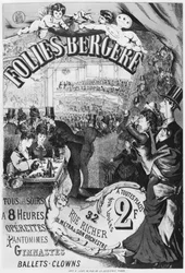 Poster die de Folies Bergere adverteert, rue Richer, Parijs, 1875