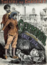 Poster voor de theatervoorstelling van de roman "Germinal" door Emile Zola in het Théâtre du Châtelet in Parijs