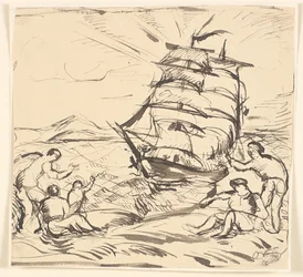 Kustlandschap met zeilschip en gebarende figuren