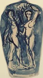 Twee staande, naakte figuren (Adam en Eva?)