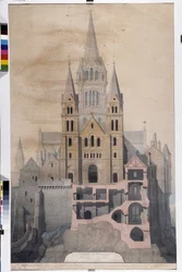 Gotische architectuur: gevel van de kerk en doorsnede van abdijhuizen. Tekening van het Gemeentemuseum van Avranches (Manche)