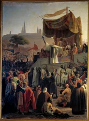 Sint Bernardus van Clairvaux predikt de Tweede Kruistocht in aanwezigheid van koning Lodewijk VII en koningin Alienor van Aquitanië en abt Suger, in Vézelay in Bourgondië op 31 maart 1146
